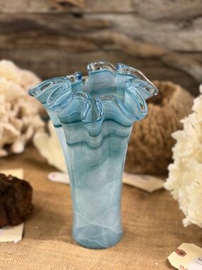 Murano Pale Blue Swirled Ruffled Glass Vase